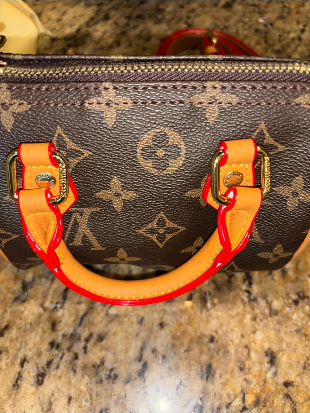 Brown Monogram Satchel with Red-Orange Handles - Picture 6 of 9
